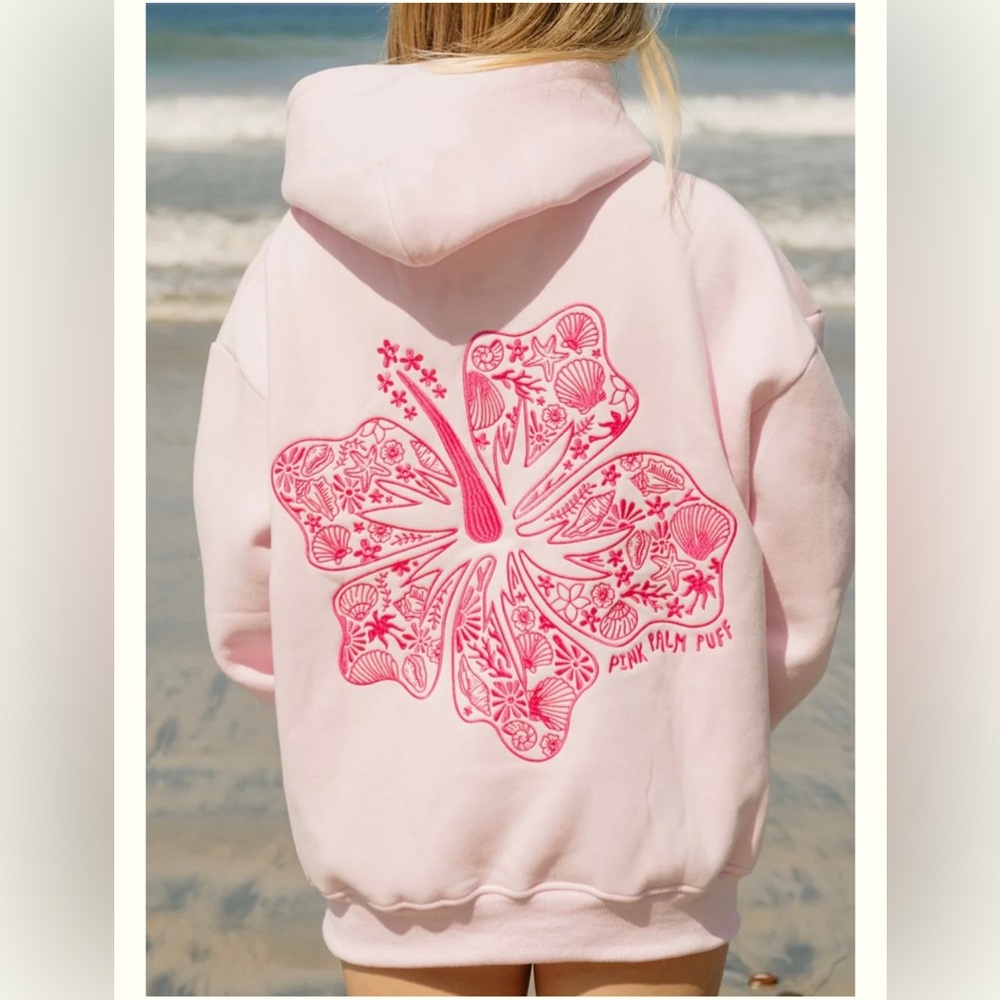 PINK PALM PUFF "Hawaii Hibiscus" Hoodie in Blush - XS - Brand New